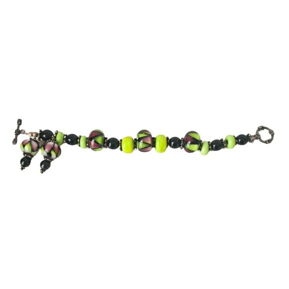 Handmade Lampwork Glass Bead Bracelet Toggle Closure Lime Green Purple - Picture 5 of 6